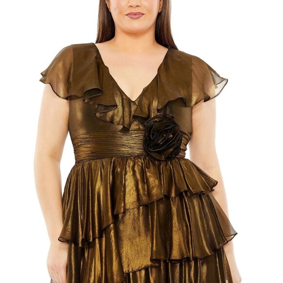 NWT Mac Duggal Ruffled Tea-Length Evening Dress Black Gold 14W - Picture 2 of 8